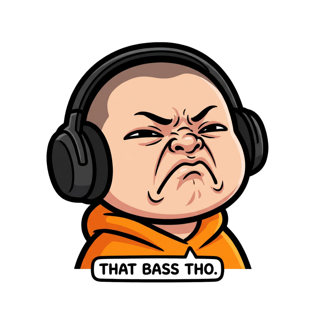 Chibi cartoon character with intense stank face  expression — eyes nearly shut and squinting, nose scrunched and wrinkled upward, mouth corners  pulled sharply downward in a grimace, cheeks  scrunched up, chin slightly raised. The look of  someone physically pained by how good the music  sounds. NOT smiling, but ENJOYING MUSIC! Pure grimace of musical pleasure.  Thick bold black outline, flat cartoon vector style,  vivid saturated colo with a big cheerful smile and bright sparkling eyes, make him  enjoying music not irritated!!

