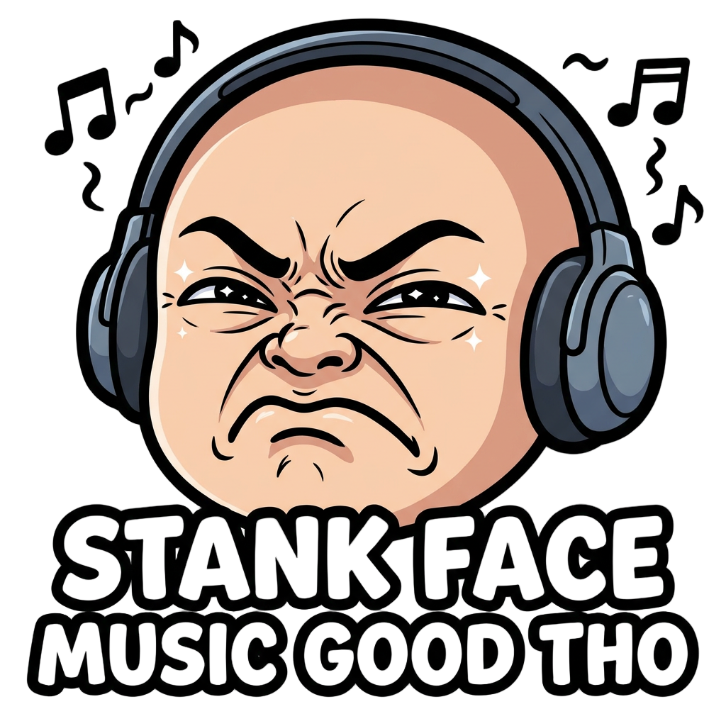Chibi cartoon character with intense stank face  expression — eyes nearly shut and squinting,  eyebrows deeply furrowed and pulled down together,  nose scrunched and wrinkled upward, mouth corners  pulled sharply downward in a grimace, cheeks  scrunched up, chin slightly raised. The look of  someone physically pained by how good the music  sounds. NOT smiling, but ENJOYING MUSIC! Pure grimace of musical pleasure.  Thick bold black outline, flat cartoon vector style,  vivid saturated colo with a big cheerful smile and bright sparkling eyes, make him  enjoying music not irritated!!

