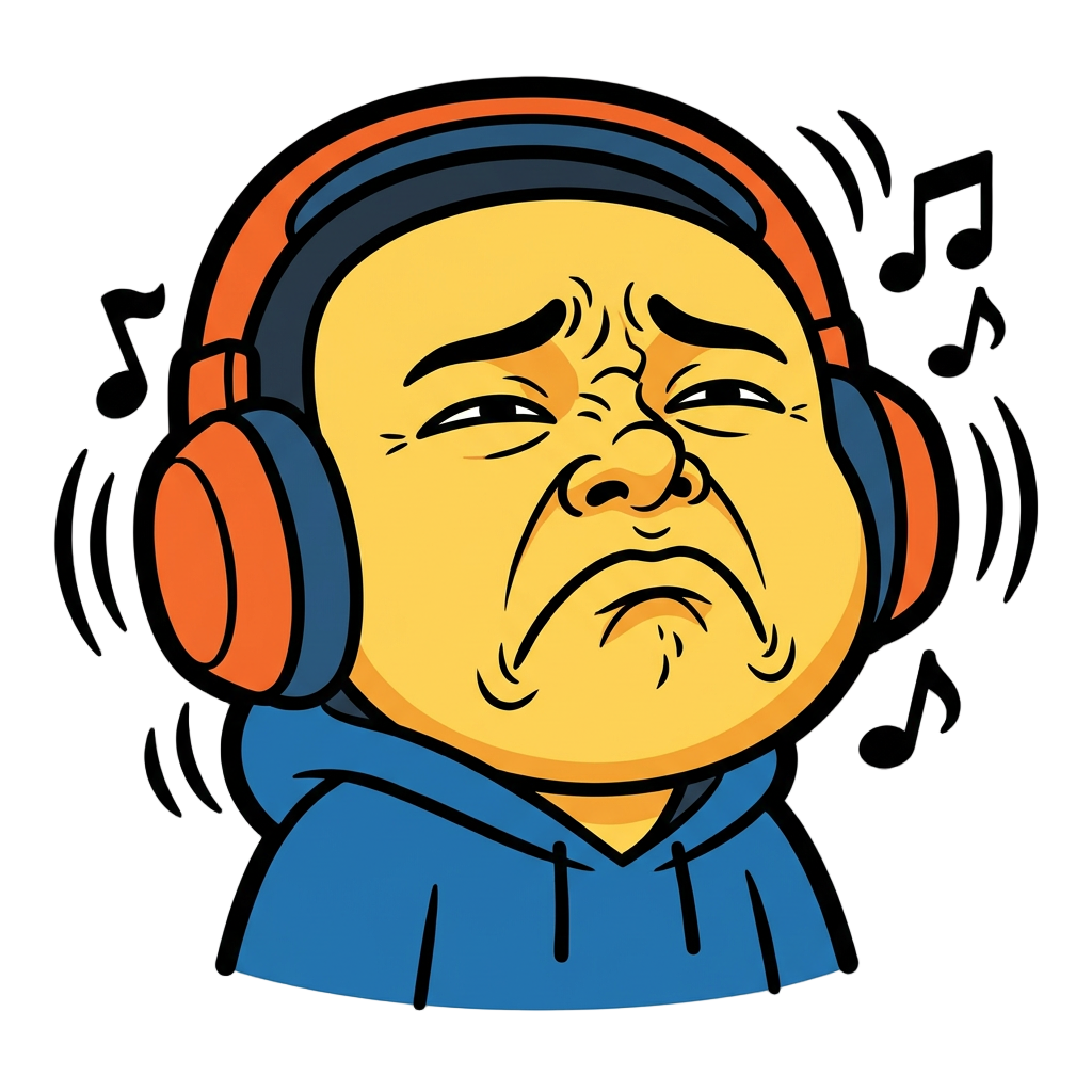 Chibi cartoon character with intense stank face  expression — eyes nearly shut and squinting, nose scrunched and wrinkled upward, BUT eyebrows almost relaxed, like the upper part of the face is almost blank, BUT mouth corners  pulled sharply downward in a grimace, cheeks  scrunched up, chin slightly raised. The look of  someone physically pained by how good the music  sounds. NOT smiling, but ENJOYING MUSIC! Pure grimace of musical pleasure.  Thick bold black outline, flat cartoon vector style, make him  enjoying music not irritated!!