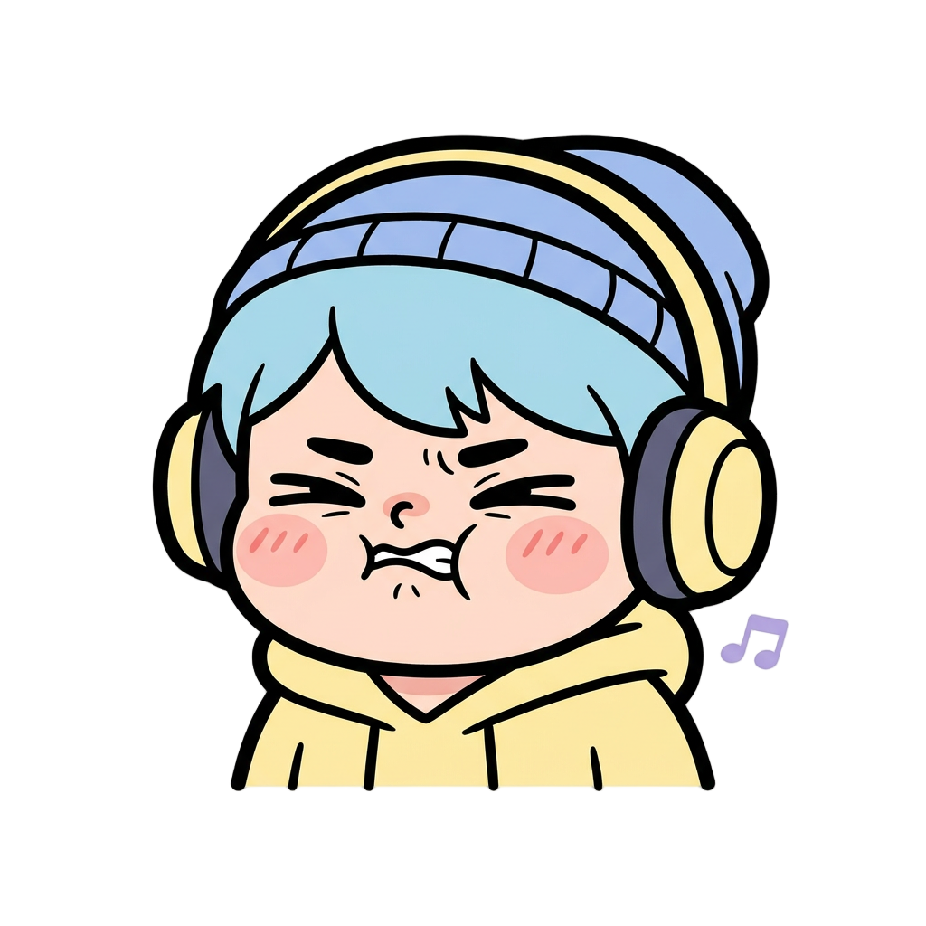 chibi cartoon character with intense stank face expression — eyes nearly shut and squinting, nose scrunched and wrinkled upward, BUT eyebrows almost relaxed, like the upper part of the face is almost blank, BUT mouth corners pulled sharply downward in a grimace, cheeks scrunched up, chin slightly raised. The look of someone physically pained by how good the music sounds. NOT smiling, but ENJOYING MUSIC! Pure grimace of musical pleasure. Thick bold black outline, flat cartoon vector style, make him enjoying music not irritated!! the eyebrows to be relaxed, in the normal position.