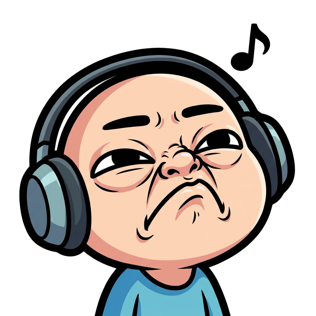 Chibi cartoon character with intense stank face  expression — eyes nearly shut and squinting, nose scrunched and wrinkled upward, BUT eyebrows almost relaxed, like the upper part of the face is almost blank, BUT mouth corners  pulled sharply downward in a grimace, cheeks  scrunched up, chin slightly raised. The look of  someone physically pained by how good the music  sounds. NOT smiling, but ENJOYING MUSIC! Pure grimace of musical pleasure.  Thick bold black outline, flat cartoon vector style, make him  enjoying music not irritated!! the eyebrows to be relaxed, in the normal position.