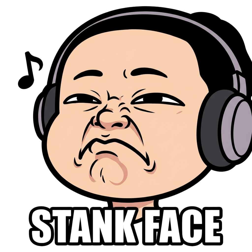 Chibi cartoon character with intense stank face  expression — eyes nearly shut and squinting, nose scrunched and wrinkled upward, BUT eyebrows almost relaxed, like the upper part of the face is almost blank, BUT mouth corners  pulled sharply downward in a grimace, cheeks  scrunched up, chin slightly raised. The look of  someone physically pained by how good the music  sounds. NOT smiling, but ENJOYING MUSIC! Pure grimace of musical pleasure.  Thick bold black outline, flat cartoon vector style, make him  enjoying music not irritated!! the eyebrows to be relaxed, in the normal position.