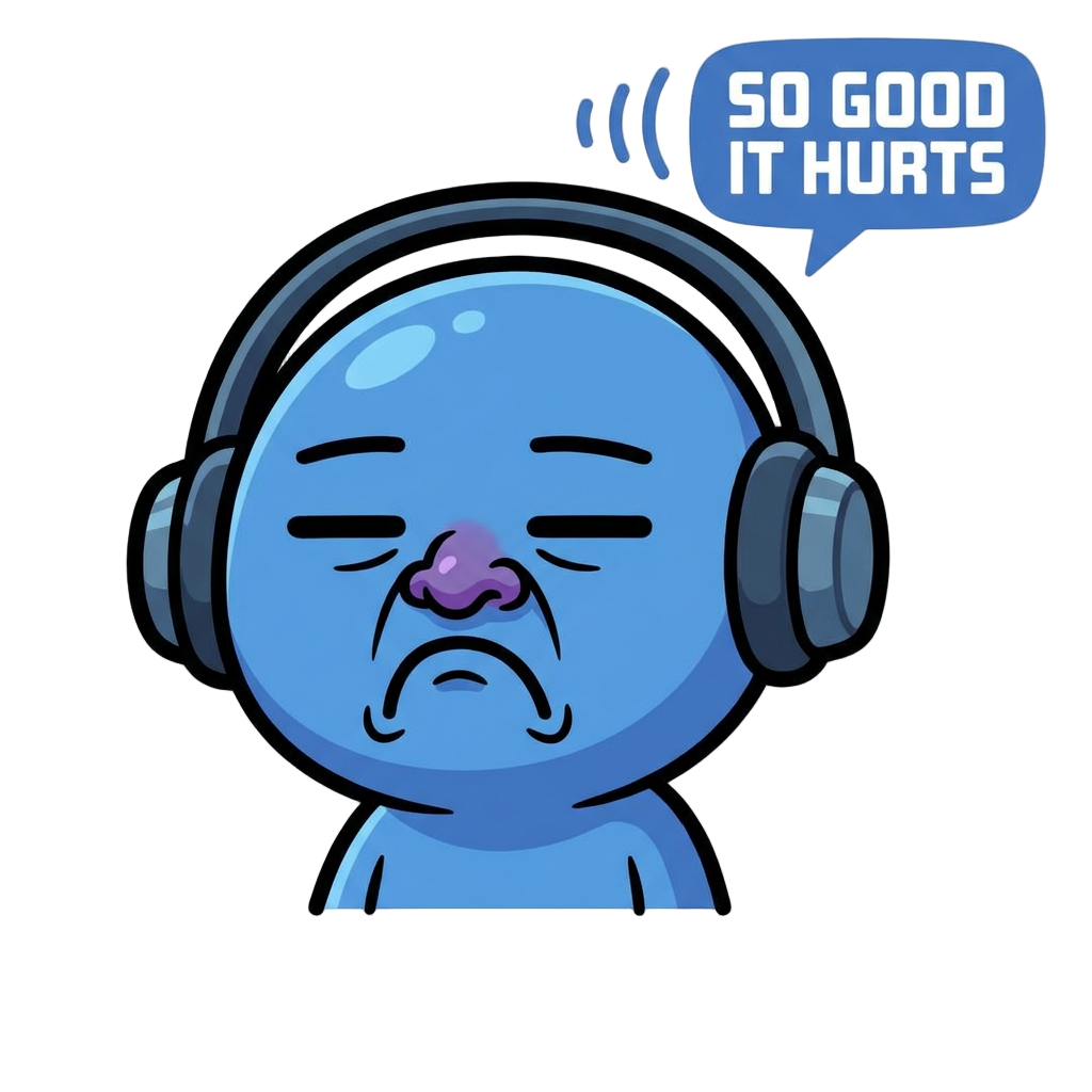 chibi cartoon character with intense stank face  expression — eyes nearly shut and squinting, nose scrunched and wrinkled upward, BUT eyebrows almost relaxed, like the upper part of the face is almost blank, BUT mouth corners  pulled sharply downward in a grimace, cheeks  scrunched up, chin slightly raised. The look of  someone physically pained by how good the music  sounds. NOT smiling, but ENJOYING MUSIC! Pure grimace of musical pleasure.  Thick bold black outline, flat cartoon vector style, make him  enjoying music not irritated!! the eyebrows to be relaxed, in the normal position.