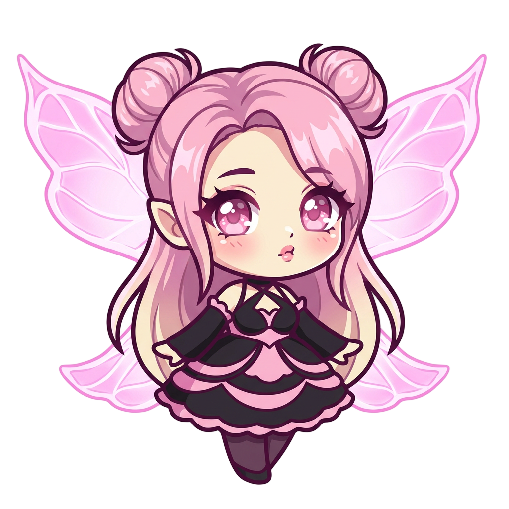 cute pink fairy character. pink pastel hair, glowing translucent fairy wings, cell shaded, thick dark outlines, simple vectors, flat vibrant colors --no 3d, realistic, gradients, complex background, text
