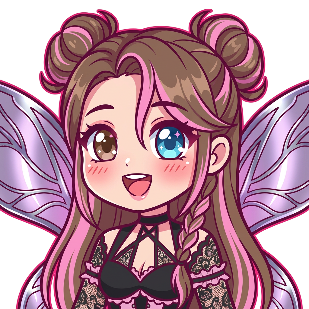 Cute fairy girl character, glowing metallic translucent fairy wings, brown hair pink highlights, right eye blue, left eye brown , both eyes open, recreate reference photo as close as possible,
cell shaded, thick dark pink outlines, simple vectors, flat vibrant colors--no 3d, realistic, gradients, complex background, text