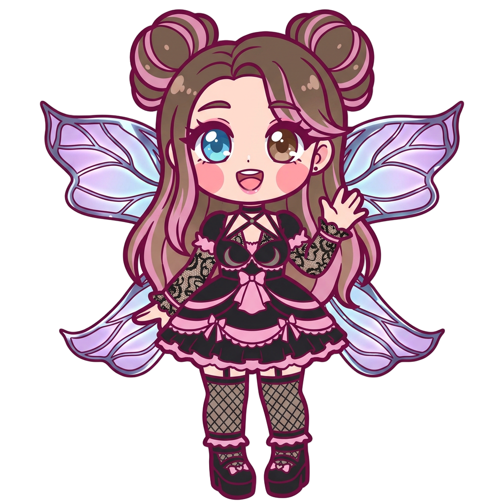 Cute fairy girl character, glowing metallic translucent fairy wings, brown hair pink highlights, left eye blue, right eye brown , both eyes open, recreate reference photo as close as possible, fully body,
cell shaded, thick dark pink outlines, simple vectors, flat vibrant colors--no 3d, realistic, gradients, complex background, text, additions not in reference photo