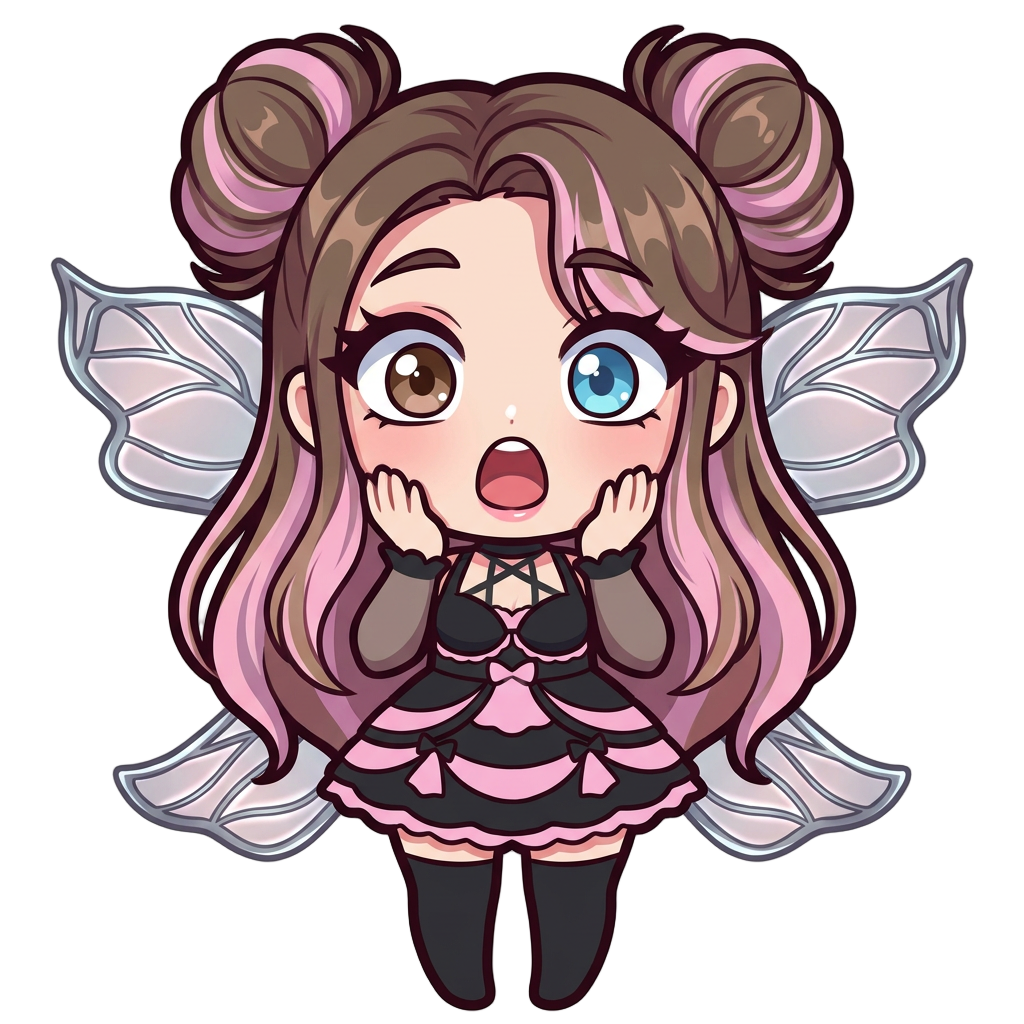 cute pink fairy character. Brown hair with pink pastel highlights, glowing metallic translucent fairy wings, left eye brown, right eye blue, both eyes open. cell shaded, thick dark outlines, simple vectors, flat vibrant colors --no 3d, realistic, gradients, complex background, text