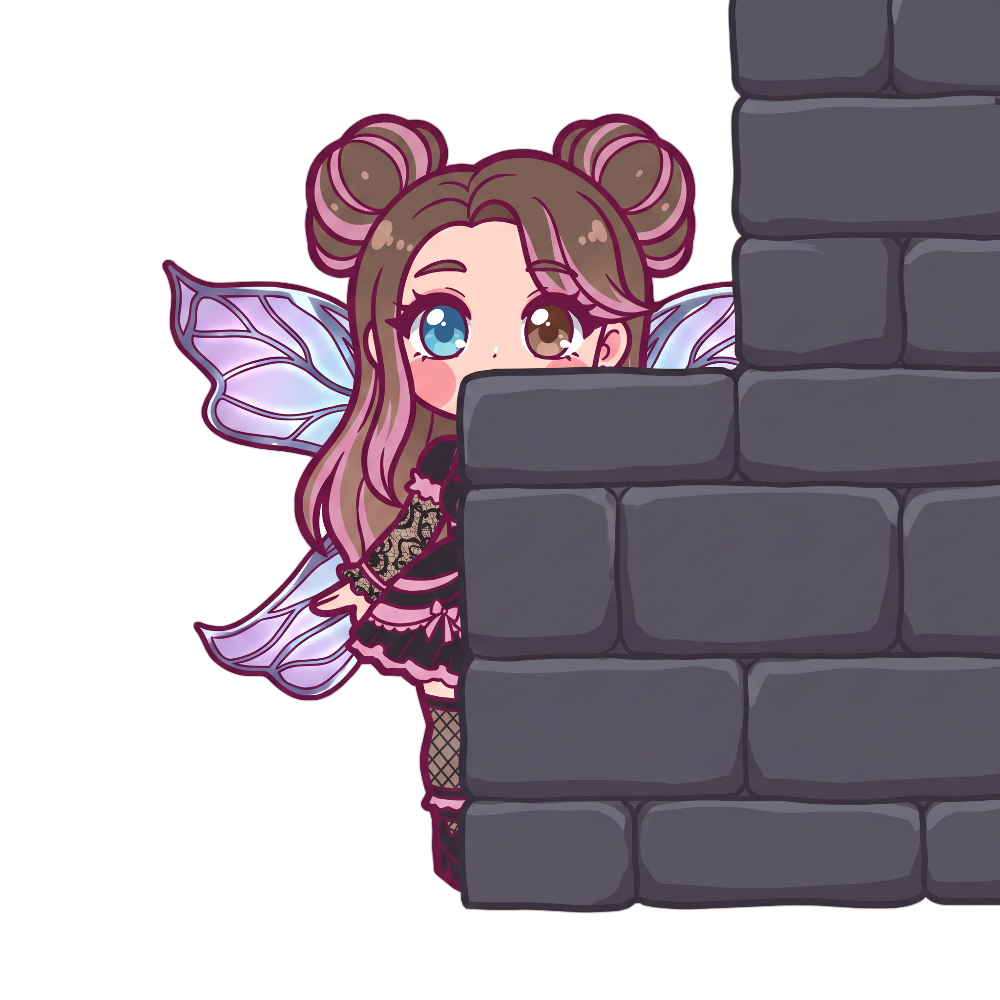 Change this emote to lurking and peeking from behind a wall or object with only eyes and top of head visible, with big curious watching eyes. Keep the exact same character design, outfit, colors, and art style.