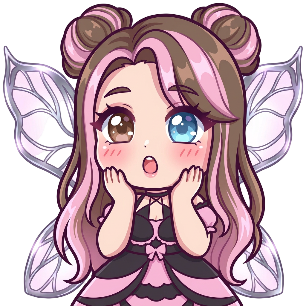 cute pink fairy character. Brown hair with pink pastel highlights, glowing metallic translucent fairy wings, left eye brown, right eye blue, both eyes open. cell shaded, thick dark outlines, simple vectors, flat vibrant colors --no 3d, realistic, gradients, complex background, text