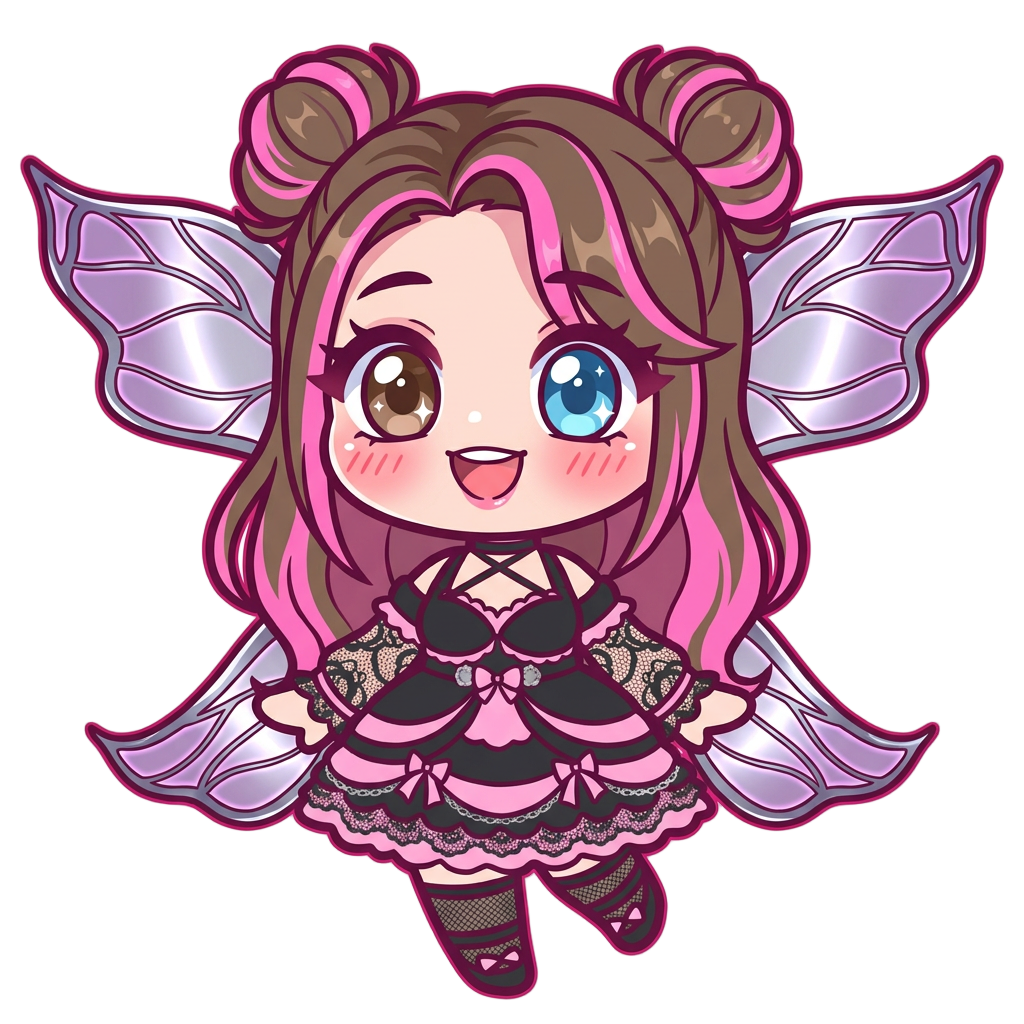 Cute fairy girl character, glowing metallic translucent fairy wings, brown hair pink highlights, right eye blue left eye brown both eyes open, recreate reference photo as close as possible,
cell shaded, thick dark pink outlines, simple vectors, flat vibrant colors--no 3d, realistic, gradients, complex background, text