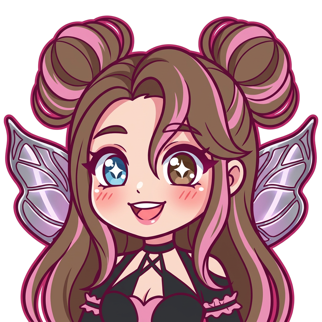 Cute fairy girl character, glowing metallic translucent fairy wings, brown hair pink highlights, left eye blue, right eye brown , both eyes open, recreate reference photo as close as possible,
cell shaded, thick dark pink outlines, simple vectors, flat vibrant colors--no 3d, realistic, gradients, complex background, text
