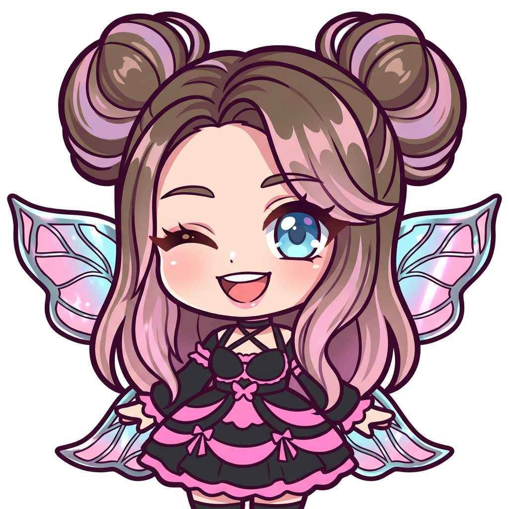 cute pink fairy character. Brown hair with pink pastel highlights, glowing metallic translucent fairy wings, left eye brown, right eye blue, cell shaded, thick dark outlines, simple vectors, flat vibrant colors --no 3d, realistic, gradients, complex background, text