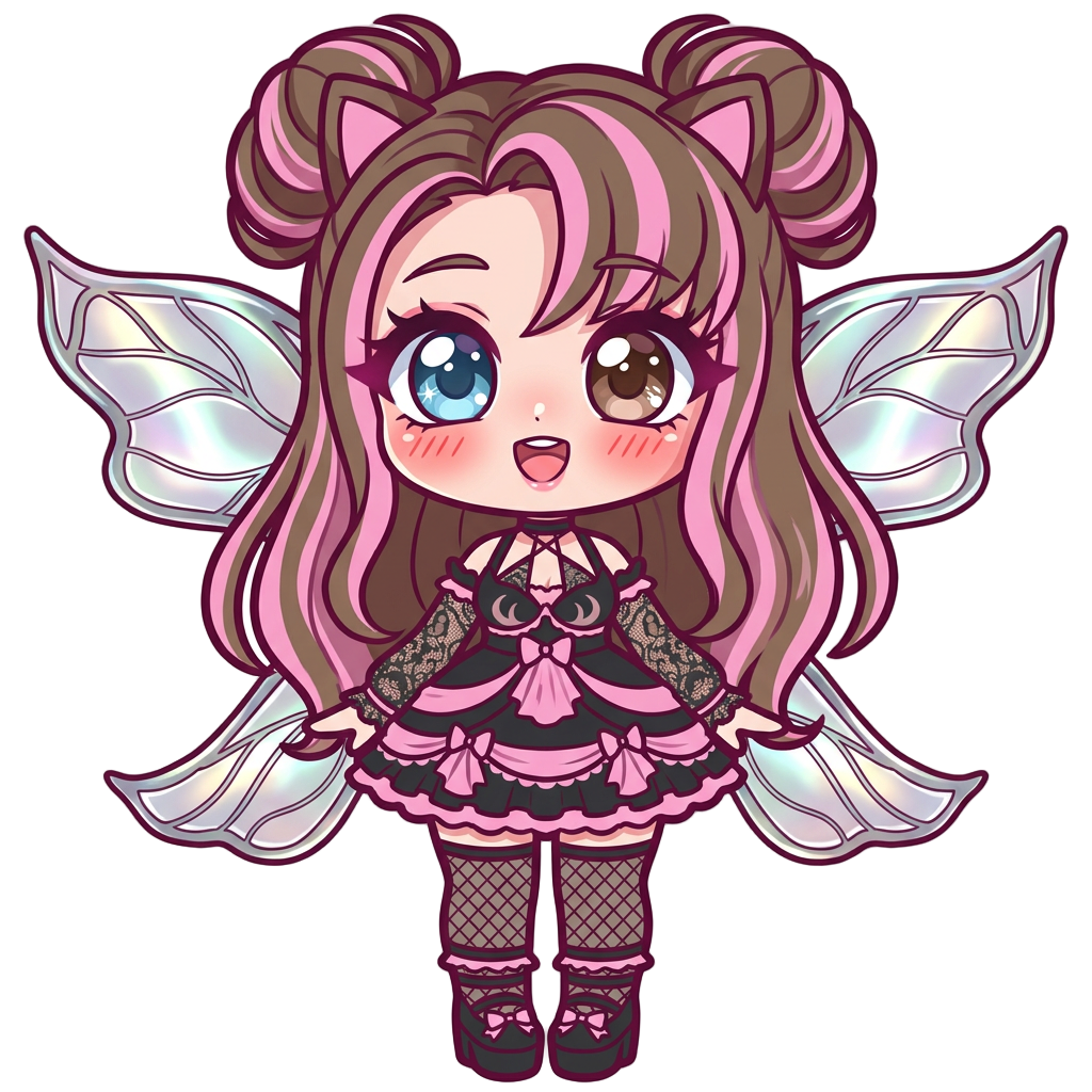 Cute fairy girl character, glowing metallic translucent fairy wings, brown hair pink highlights, left eye blue, right eye brown , both eyes open, recreate reference photo as close as possible, fully body,
cell shaded, thick dark pink outlines, simple vectors, flat vibrant colors--no 3d, realistic, gradients, complex background, text
