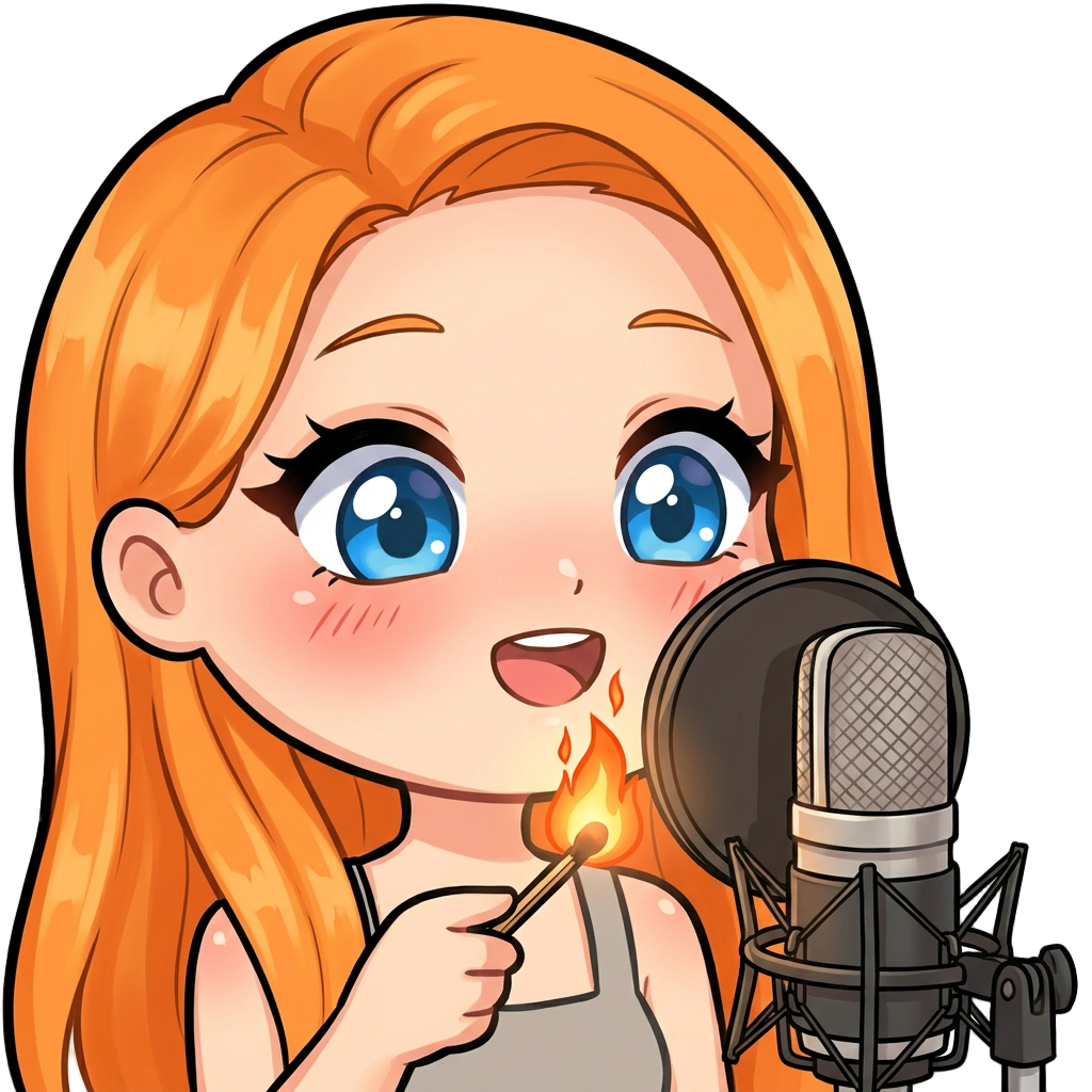 An orange-haired, blue-eyed ASMR streamer girl lights a match in front of the microphone.