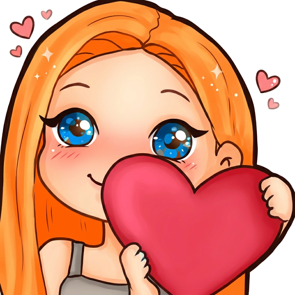 An ASMR streamer girl with orange hair and blue eyes is holding a heart in her hand.