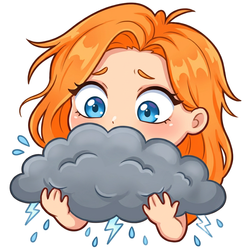 An orange-haired, blue-eyed girl, an ASMR streamer, holds a large rain cloud between her two hands.