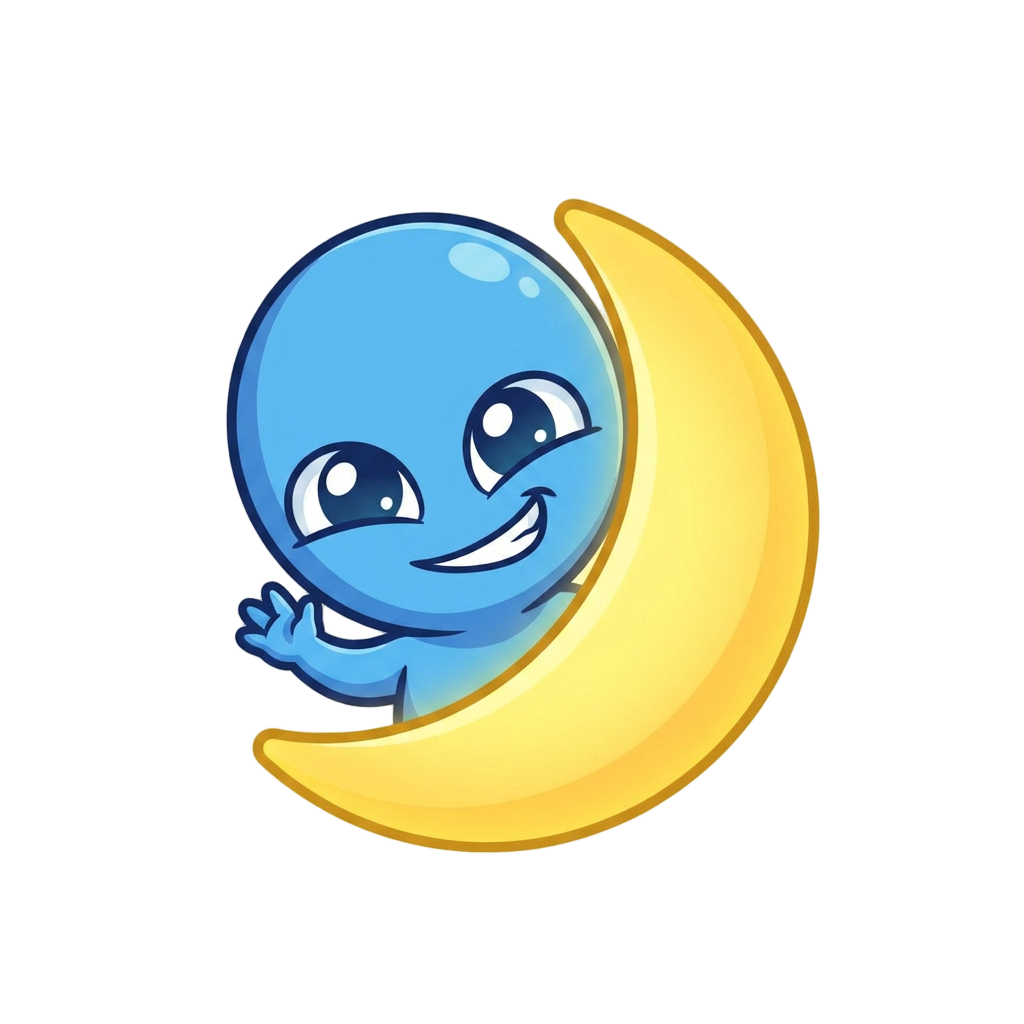 A curious blue alien named Fofo peeking from behind a glowing yellow moon, with a cheeky smirk and one hand raised as if saying hello