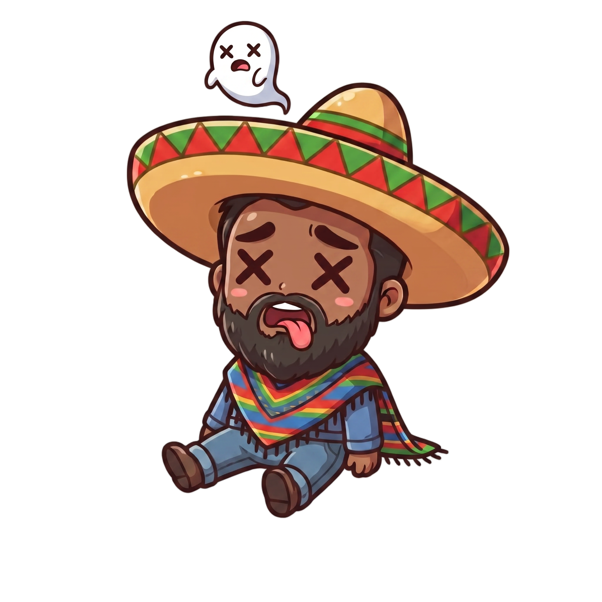 Change this emote to a defeated dead expression — X eyes, tongue out, ghost floating above head, completely knocked out. Keep the exact same character design, outfit, colors, and art style.