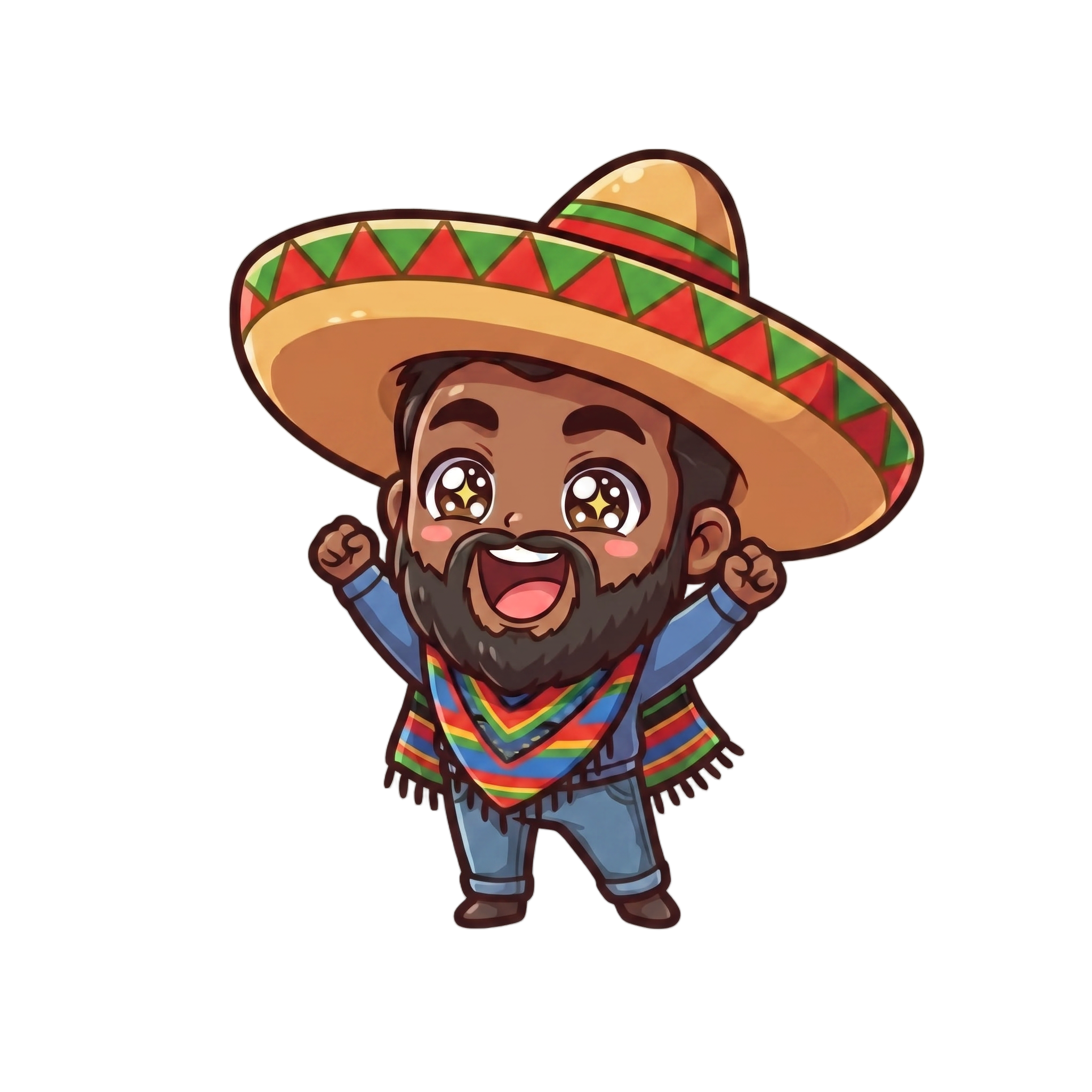 Change this emote's expression to excited and hyped with wide sparkling eyes, open mouth cheering, and raised arms. Keep the exact same character design, outfit, colors, and art style.