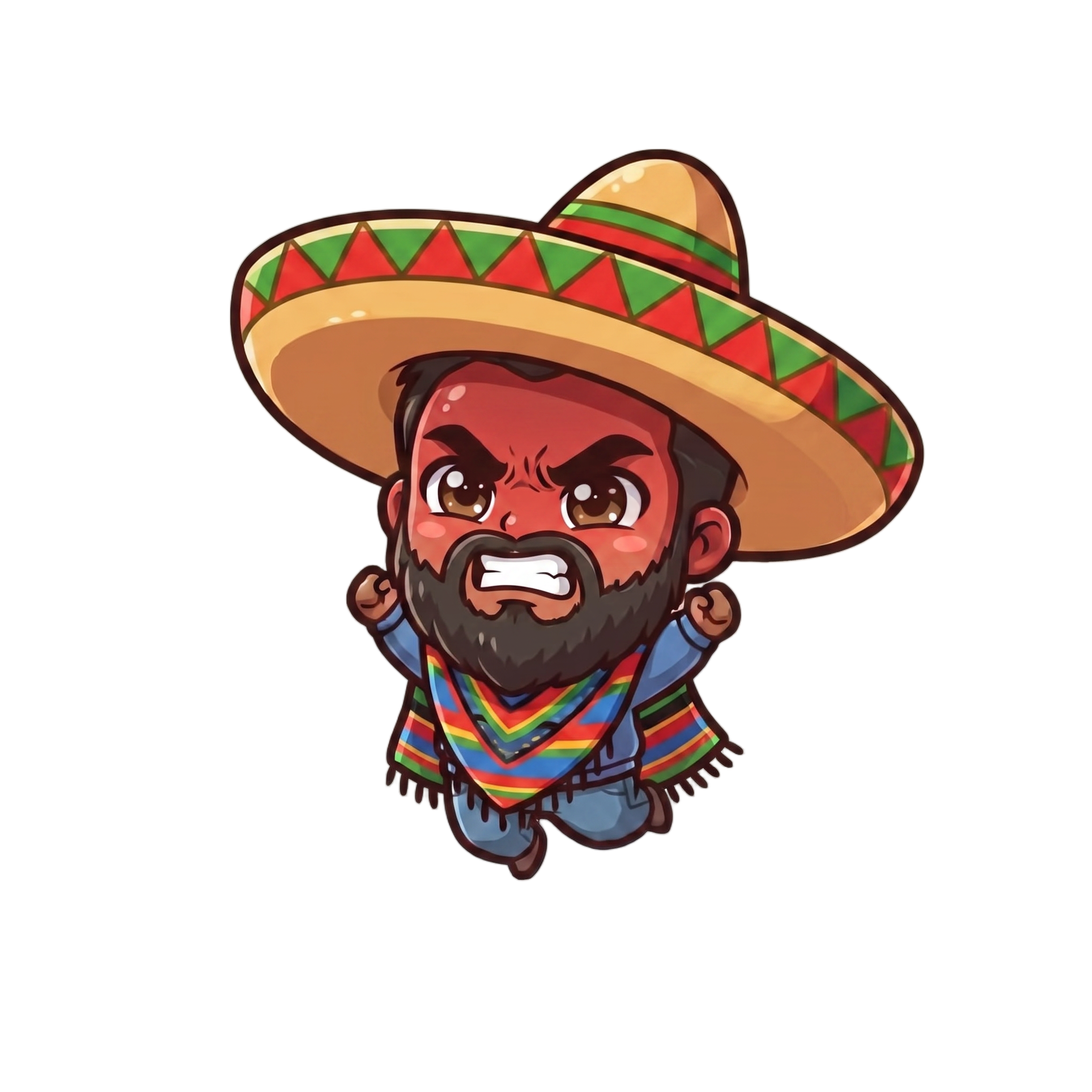 Change this emote's expression to angry with furrowed brows, gritted teeth, and a red face. Keep the exact same character design, outfit, colors, and art style.