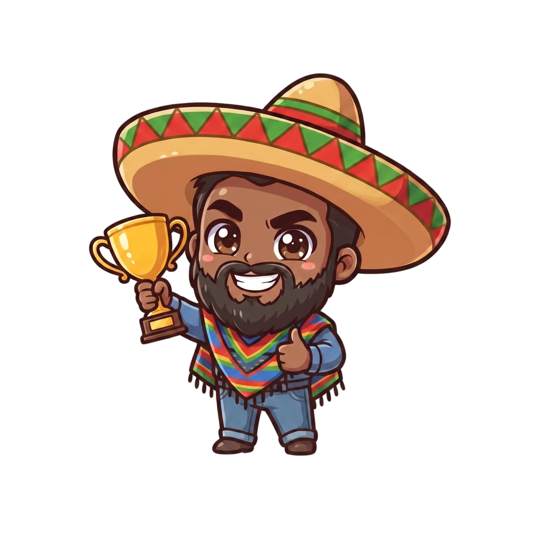 Change this emote's expression to victorious and proud, holding up a trophy or giving a thumbs up with a satisfied grin. Keep the exact same character design, outfit, colors, and art style.