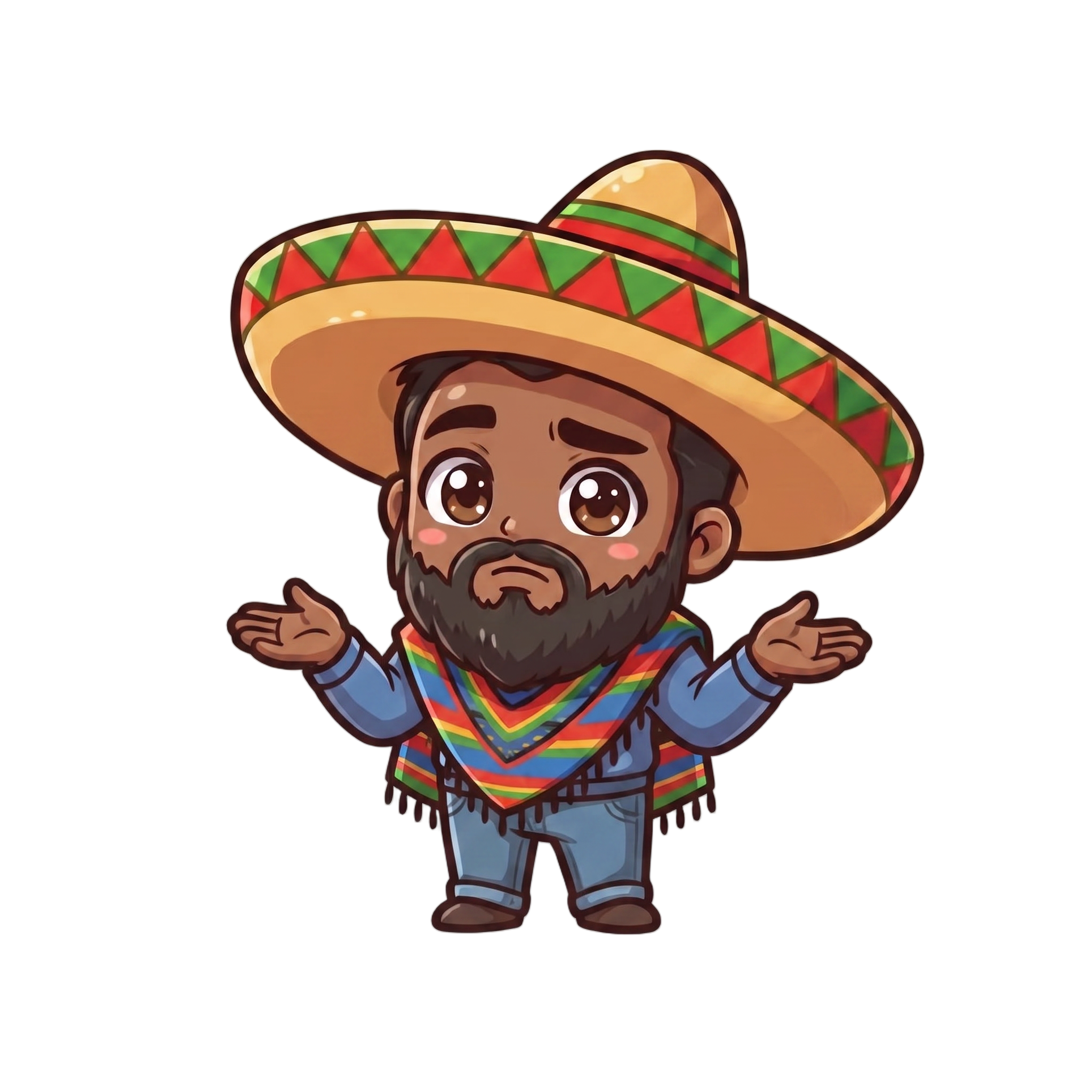 Change this emote to shrugging with both palms up, shoulders raised, and a confused or indifferent expression. Keep the exact same character design, outfit, colors, and art style.