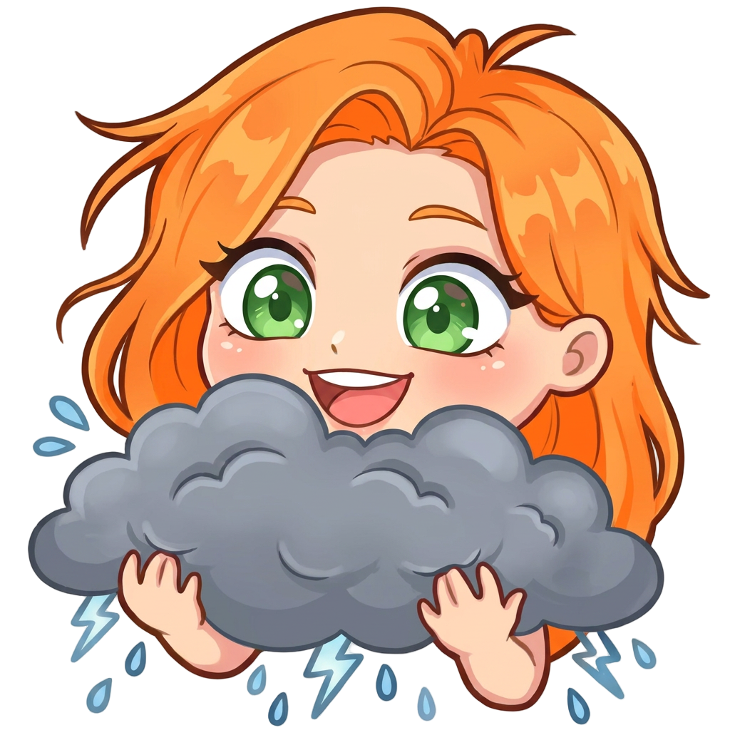 An ASMR streamer with orange hair and green eyes is holding a large rain cloud in her hands.