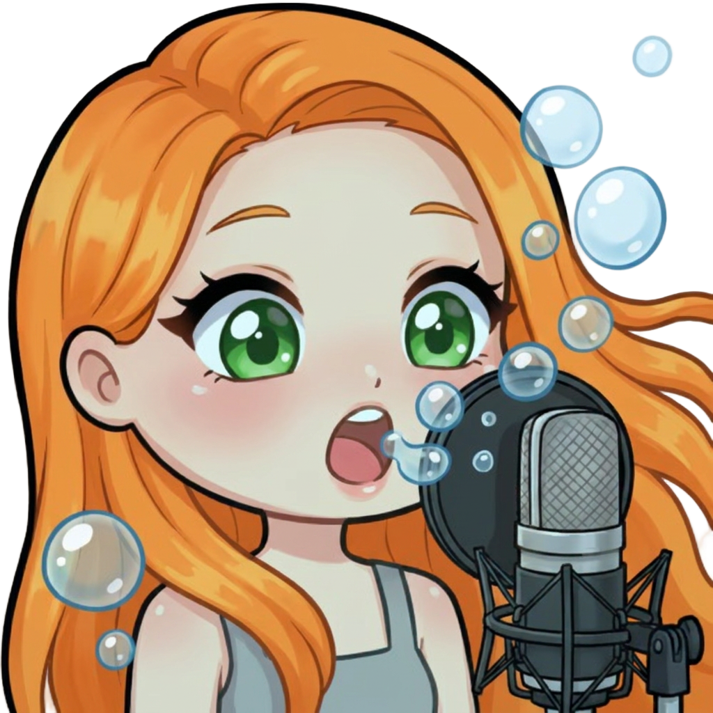 An orange-haired, green-eyed ASMR streamer is in front of a microphone in a room completely filled with water, and bubbles are coming out of her mouth.