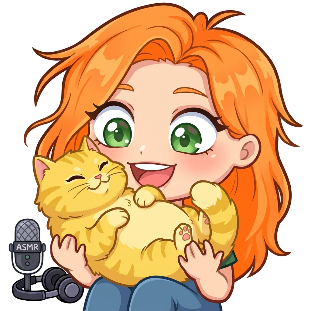 An ASMR streamer with orange hair and green eyes is holding a large, overweight yellow cat on her lap.