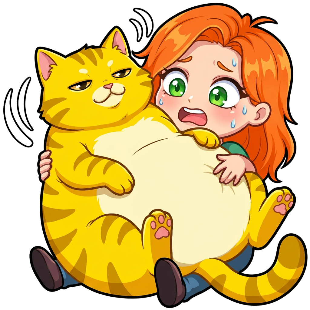 An ASMR streamer with orange hair and green eyes is holding a large, fat yellow cat in her lap; the cat is even bigger than the girl herself.
