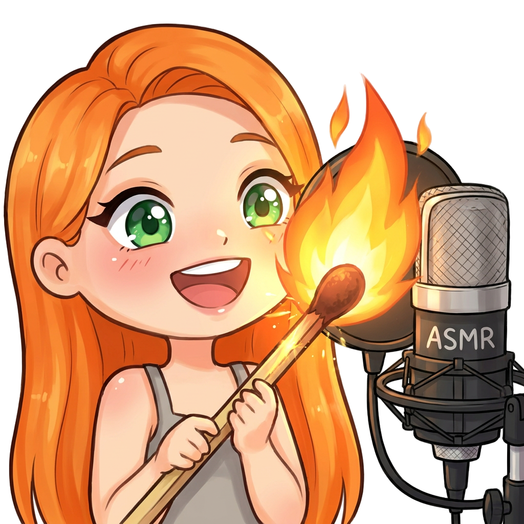 An ASMR streamer with orange hair and green eyes lights a huge match in front of the microphone.
