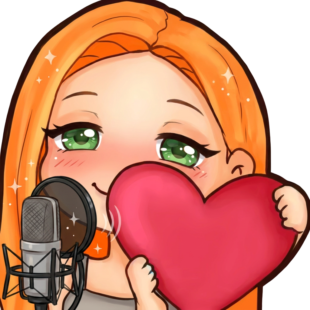 An ASMR streamer with orange hair and green eyes is holding a large heart between her hands.