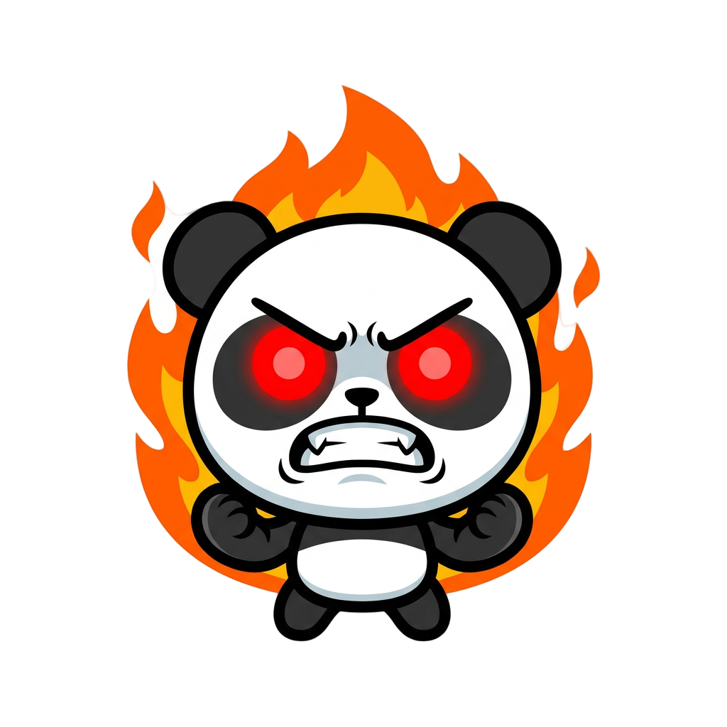 Panda in a furious rage with glowing red eyes and flames around