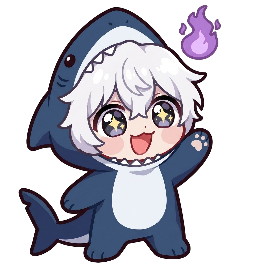 Make me a shark with a dark blue like the one i uploaded and insert me on the shark, make it have a cute eyes and expressions for twitch gif emote

