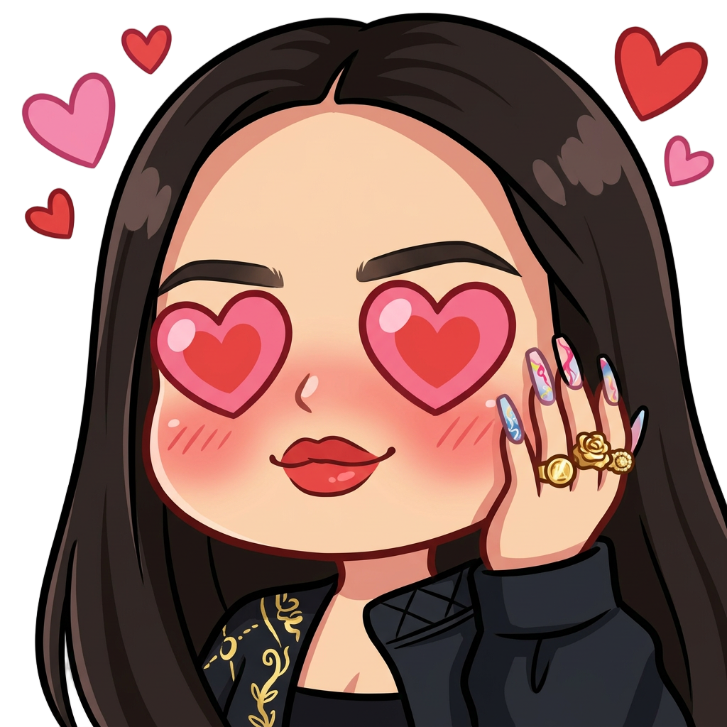 Singer Rosalia blushing with heart eyes and small hearts floating around