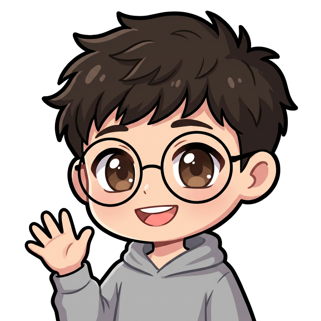 Use the uploaded photo as the reference for facial likeness. Keep these exact features consistent across every emote: messy short dark brown hair with a rounded fringe falling slightly over the forehead, round thin black-framed glasses, oval face shape, light skin tone, softly arched eyebrows, and a plain grey hoodie with the hood resting on the shoulders. Style: cute chibi/webtoon Twitch emote, thick clean black outline, flat soft shading, big expressive eyes, transparent background, centered square composition, consistent character design across the full set — same hair, same glasses, same face shape every time, only the expression/pose changes.

Generate a full emote pack (30–40 variations) covering: hello wave, goodbye wave, big smile, laughing with eyes closed, crying with tears, heart eyes, blushing hearts hug, thumbs up "GG", "HYPE" text bubble with sparkling eyes, "RAID" text bubble, "LVL UP" text bubble, "YES" text bubble, "NO" text bubble sign, "BAN" hammer, "DUMB" text bubble with tongue out, sunglasses cool pose, angry face with steam, shocked wide-eyed face, sleepy face with "zzz", money eyes with cash, fire eyes, halo angel innocent face, middle-finger sarcastic pose, rainbow vomiting joke face, holding a rose, eating popcorn, eating a burger, holding a gift box, magnifying glass "searching" pose, plus/add symbol pose, typing on laptop, travel/forest background pose, fist bump pose, level-up sparkle pose.