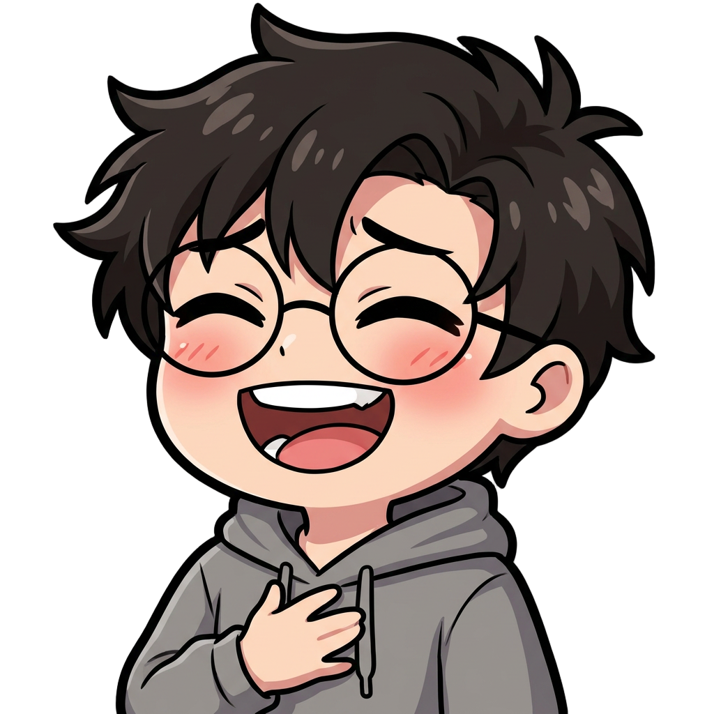 Use the previously generated emote (the waving hello emote) as the exact character reference. Keep the character 100% consistent: same messy dark brown/black spiky hair, same round thin black-framed glasses, same oval face and light skin tone, same grey hoodie with hood on shoulders, same thick clean outline and flat shading style. Only change the pose and expression.

New emote: laughing hard, eyes squeezed shut in tight upward curves (crescent shape), head tilted slightly back, mouth wide open showing a big toothy laugh, rosy blushing cheeks, maybe one hand near the face or chest as if laughing uncontrollably. Cute chibi/webtoon Twitch emote style, transparent background, centered square composition, same size and framing as the reference image.