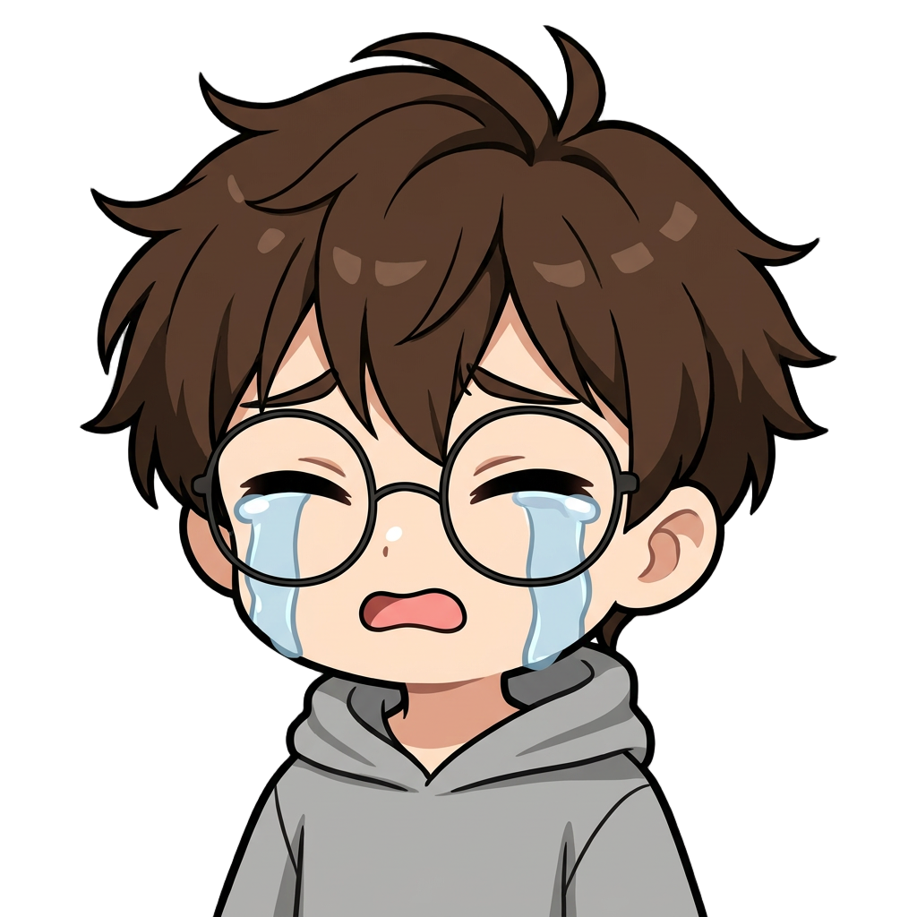 Use the previously generated emote (the waving hello emote) as the exact character reference. Keep the character 100% consistent: same messy dark brown/black spiky hair, same round thin black-framed glasses, same oval face and light skin tone, same grey hoodie with hood on shoulders, same thick clean outline and flat shading style. Only change the pose and expression.

New emote: crying expression, eyes squeezed shut or watery and downturned, mouth open in a sad wail (small oval shape), two or more visible teardrops streaming down both cheeks (blue-tinted tears), eyebrows raised and pinched together in distress. Cute chibi/webtoon Twitch emote style, transparent background, centered square composition, same size and framing as the reference image.
