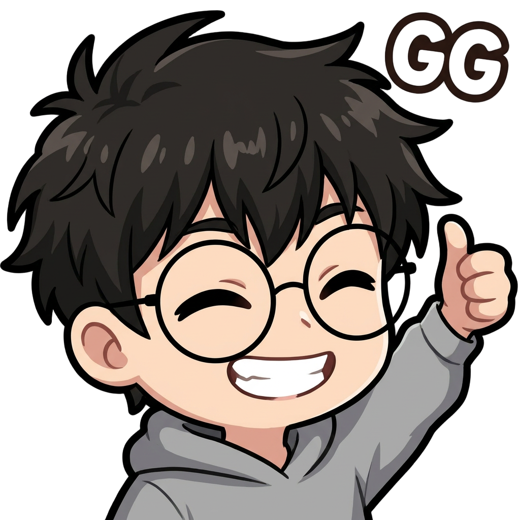 Use the previously generated emote (the waving hello emote) as the exact character reference. Keep the same character design 100% consistent: same messy dark brown/black spiky hair, same round thin black-framed glasses, same oval face and light skin tone, same grey hoodie with hood on shoulders, same thick clean outline and flat shading style. Only change the pose and expression.

New emote: big excited grin, one hand raised giving a thumbs up, eyes happy and slightly closed from smiling, small bold "GG" text bubble floating in the top corner next to the head. Cute chibi/webtoon Twitch emote style, transparent background, centered square composition, same size and framing as the reference image.