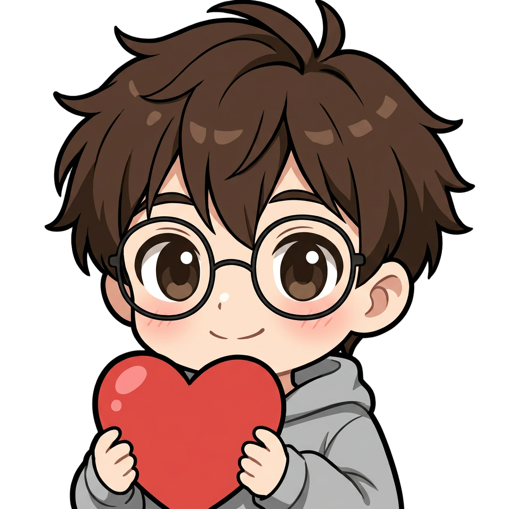 Use the previously generated emote (the waving hello emote) as the exact character reference. Keep the character 100% consistent: same messy dark brown/black spiky hair, same round thin black-framed glasses, same oval face and light skin tone, same grey hoodie with hood on shoulders, same thick clean outline and flat shading style. Only change the pose and expression.

New emote: happy expression with normal eyes (not heart-shaped), soft rosy blush on both cheeks, gentle smile, holding a big red cartoon heart with both hands raised up in front of the chest, offering it toward the viewer. Cute chibi/webtoon Twitch emote style, transparent background, centered square composition, same size and framing as the reference image.

