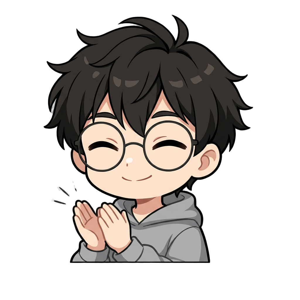 
Use the previously generated emote (the waving hello emote) as the exact character reference. Keep the character 100% consistent: same messy dark brown/black spiky hair, same round thin black-framed glasses, same oval face and light skin tone, same grey hoodie with hood on shoulders, same thick clean outline and flat shading style.

New emote: happy excited expression, eyes slightly closed from smiling, both hands raised together in front of the chest as if about to clap, small motion lines near the hands. Cute chibi/webtoon Twitch emote style, transparent background, centered square composition, same size and framing as the reference image.