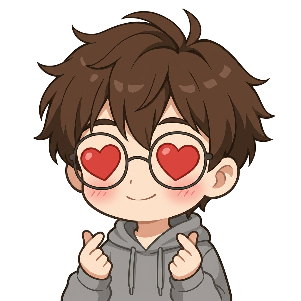Use the previously generated emote (the waving hello emote) as the exact character reference. Keep the character 100% consistent: same messy dark brown/black spiky hair, same round thin black-framed glasses, same oval face and light skin tone, same grey hoodie with hood on shoulders, same thick clean outline and flat shading style. Only change the pose and expression.

New emote: heart-eyes expression, both eyes replaced with small red heart shapes, soft rosy blush on both cheeks, gentle closed-mouth smile, maybe both hands forming a small heart shape near the chest or holding a red heart. Cute chibi/webtoon Twitch emote style, transparent background, centered square composition, same size and framing as the reference image.
