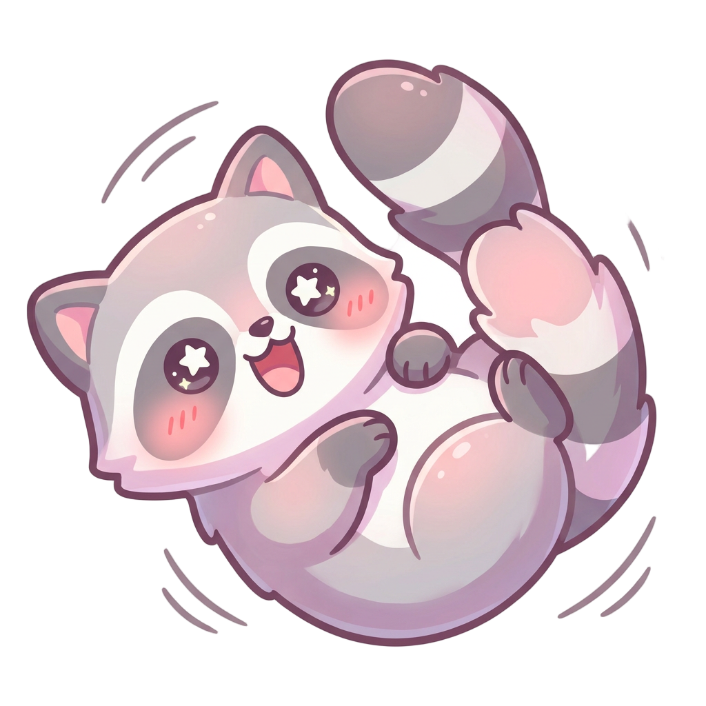 Raccoon doing a somersault with a big cheerful smile and bright sparkling eyes