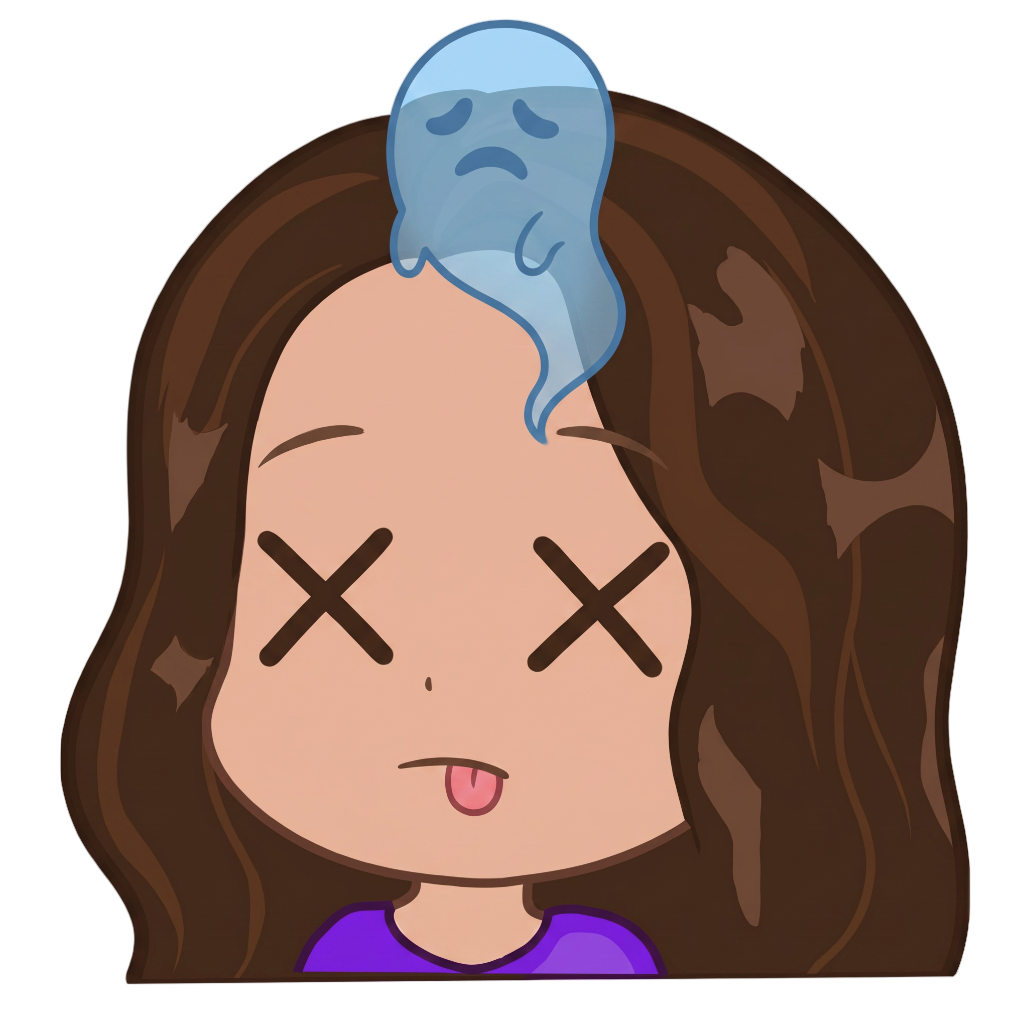 Change this emote to a defeated dead expression — X eyes, tongue out, ghost floating above head, completely knocked out. Keep the exact same character design, outfit, colors, and art style.