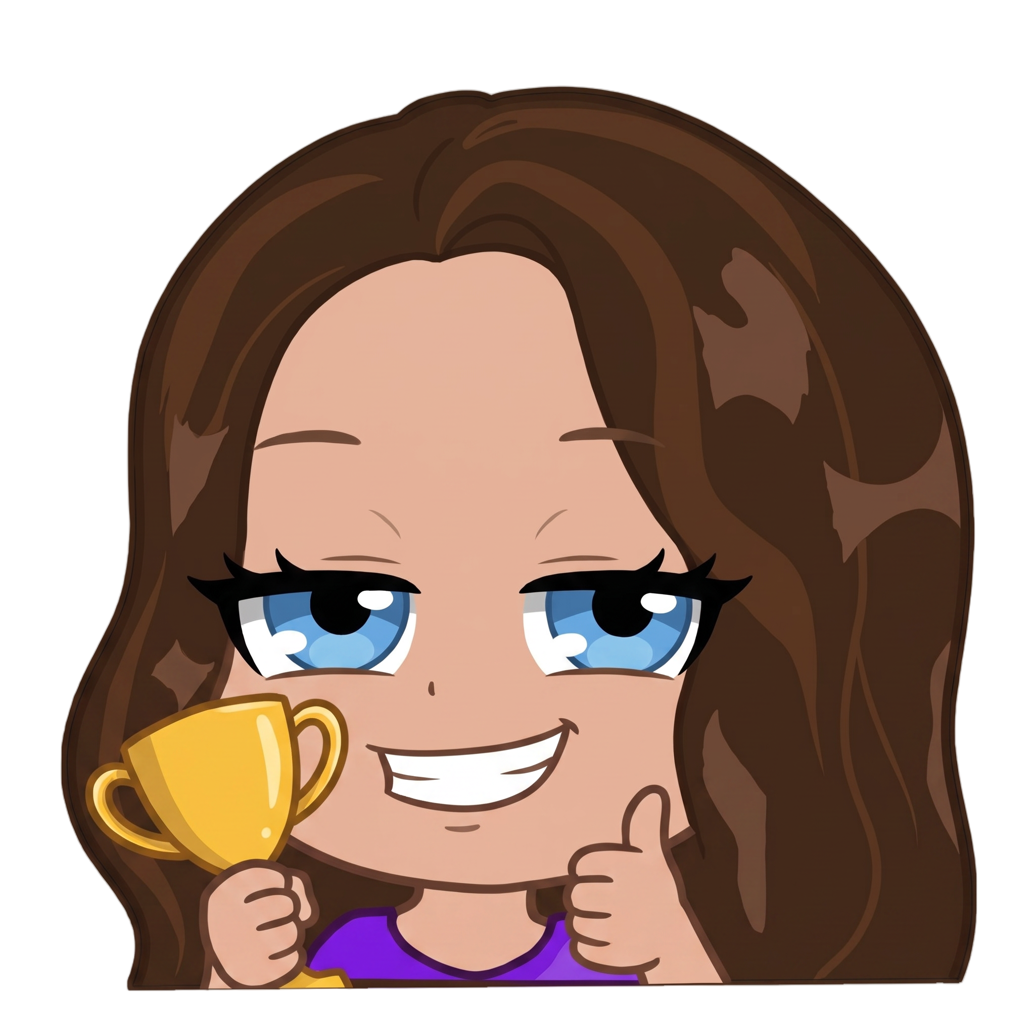 Change this emote's expression to victorious and proud, holding up a trophy or giving a thumbs up with a satisfied grin. Keep the exact same character design, outfit, colors, and art style.