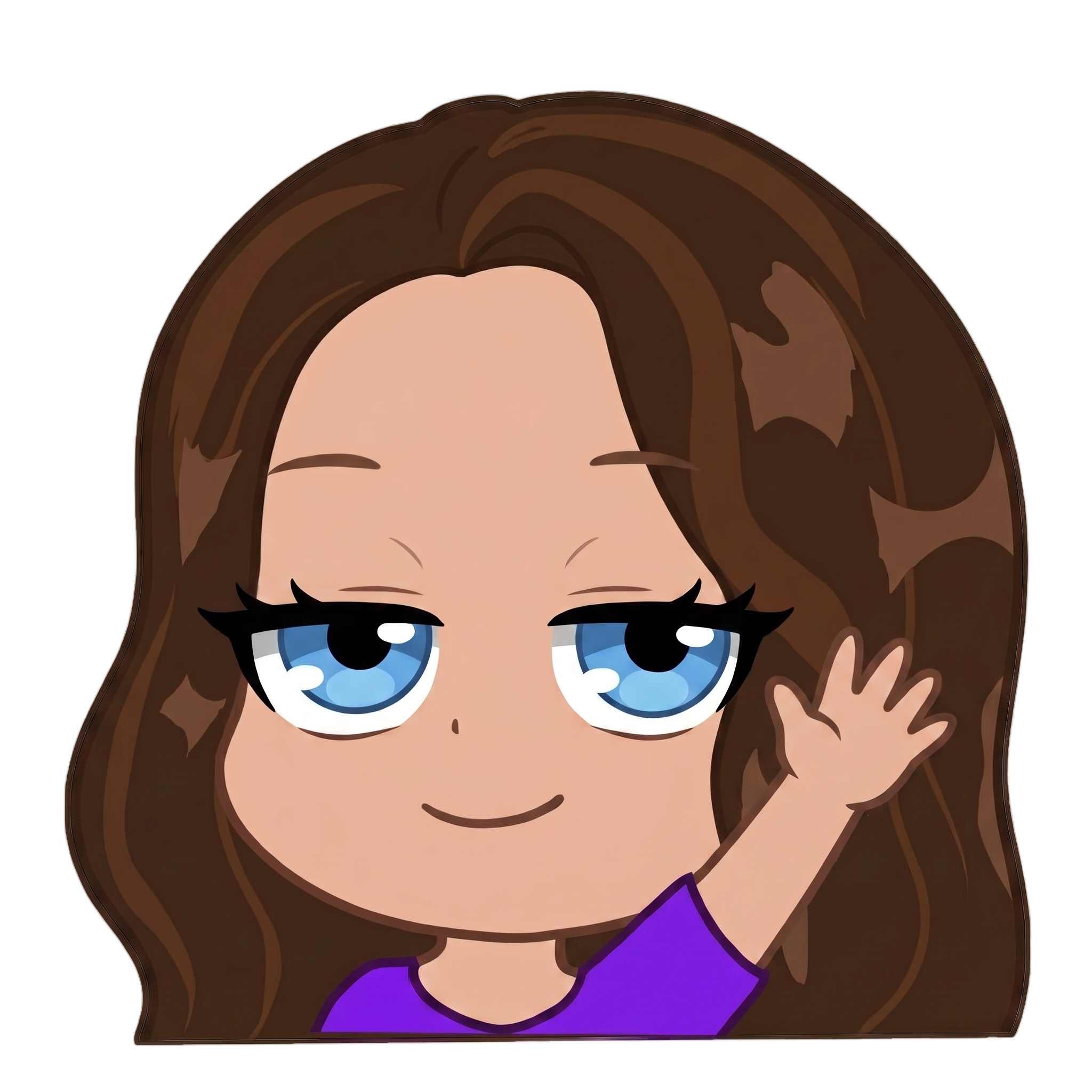 Change this emote to waving hello with one hand raised and a friendly warm smile. Keep the exact same character design, outfit, colors, and art style.