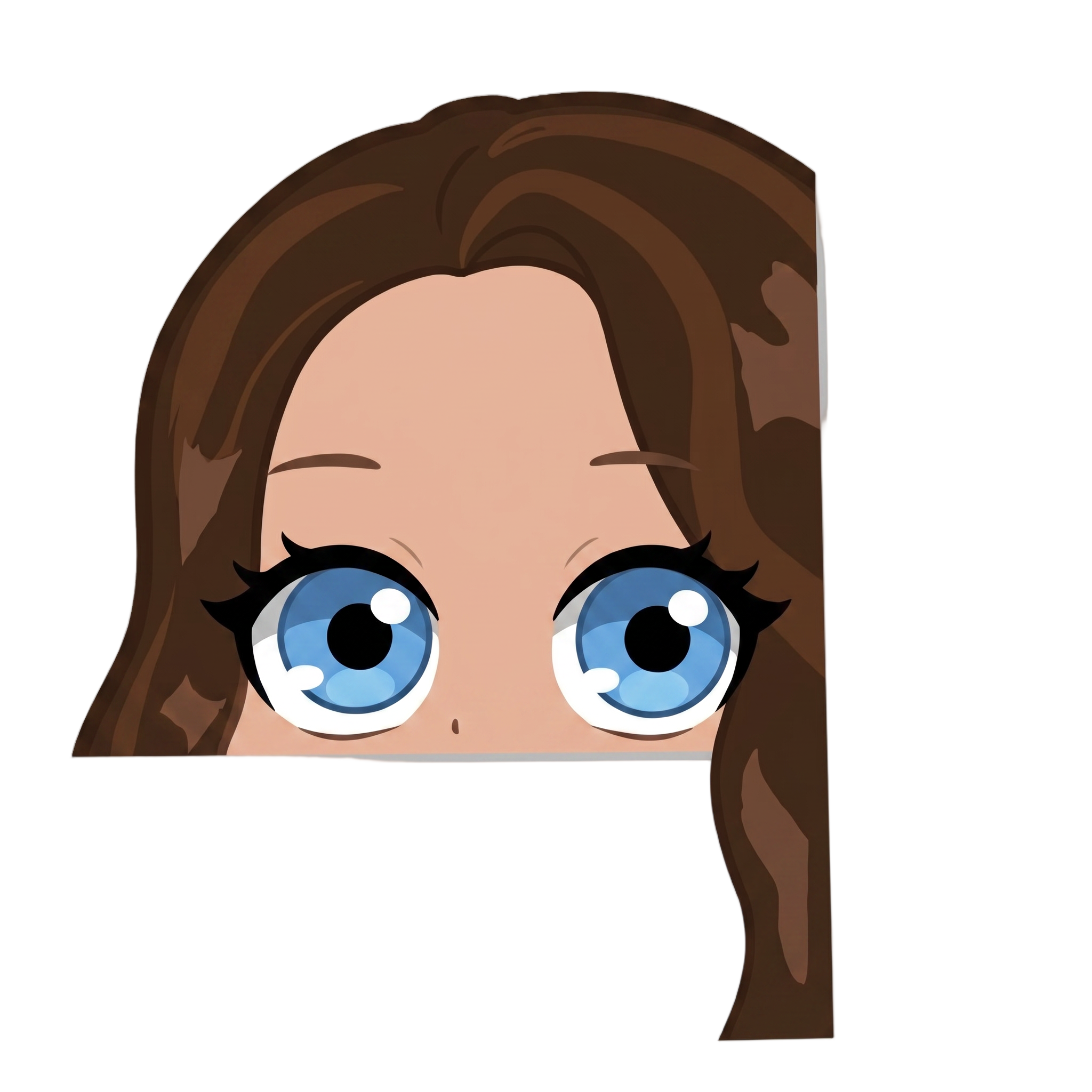 Change this emote to lurking and peeking from behind a wall or object with only eyes and top of head visible, with big curious watching eyes. Keep the exact same character design, outfit, colors, and art style.