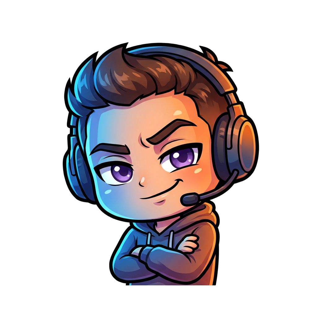 Extremely expressive chibi male streamer giving an intense suspicious side-eye, one eyebrow raised high, narrowed eyes, cheeky smirk, head tilted slightly, arms crossed, looking like he just caught someone doing something suspicious. Add dramatic cartoon lighting, glowing accent effects, subtle question marks and small floating particles behind him, clean gaming-style background, crisp bold outlines, smooth shading, vibrant colors, polished professional Twitch emote design, strong silhouette, centered character, highly readable at small size, no text, no watermark.