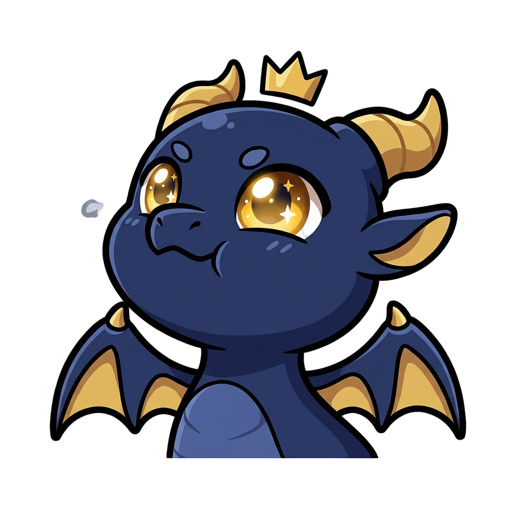 Chibi navy blue dragon emote with gold accents, big glowing golden eyes, cute but majestic expression, streaming emote style, clean design, transparent background