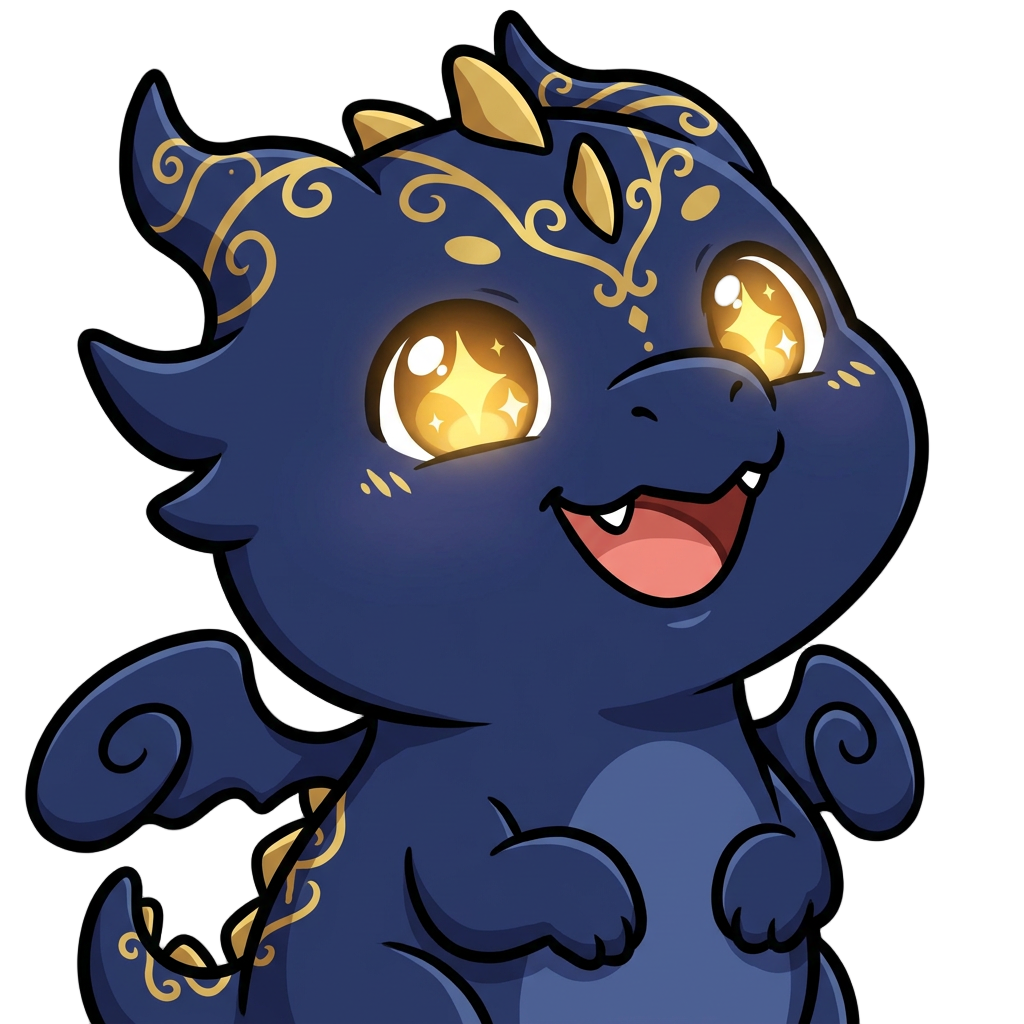 Chibi navy blue dragon emote with gold accents, big glowing golden eyes, cute but majestic expression, streaming emote style, clean design, transparent background with a big cheerful smile and bright sparkling eyes